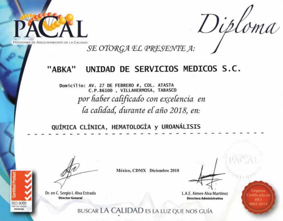 Certificado de reconocimiento PACAL otorgado a ABKA por excelencia en calidad en química clínica, hematología y uroanálisis en 2018