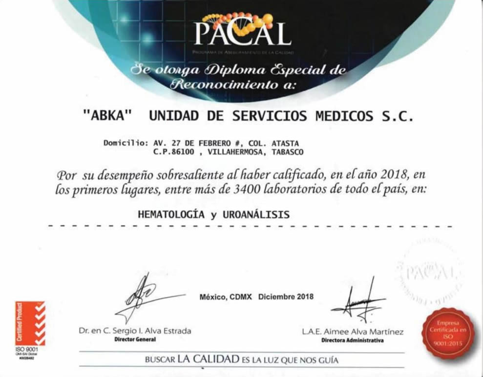 Certificado de reconocimiento PACAL otorgado a ABKA por su desempeño en hematología y uroanálisis en 2018
